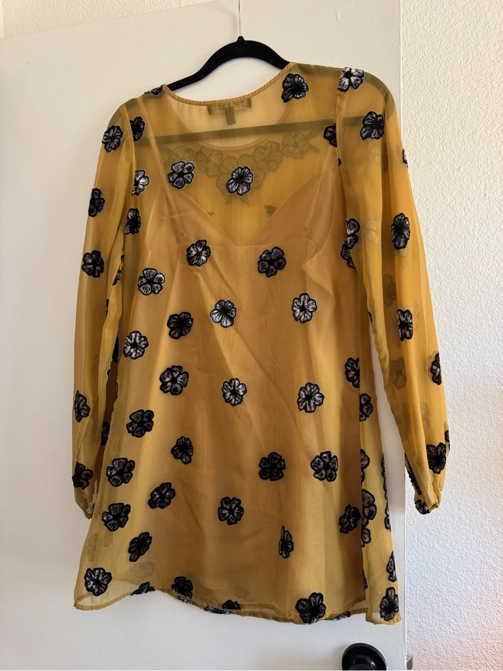 For Love And Lemons Sierra mini Dress in Mustard with Black Floral Appliqué - Picture 4 of 4